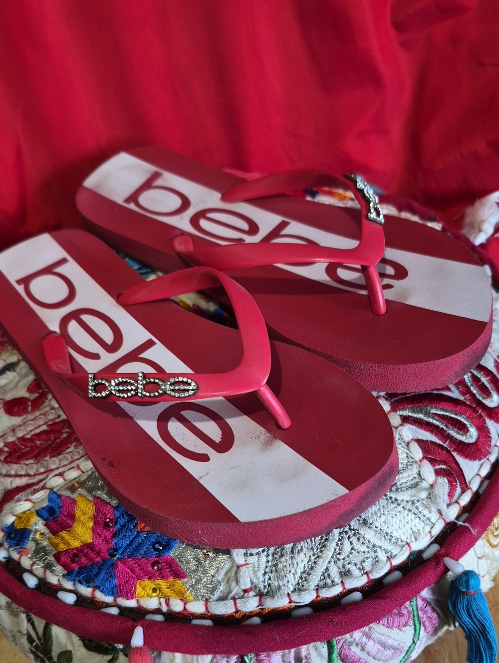 bebe Women's Red Flip Flop Sandals - Picture 2 of 7